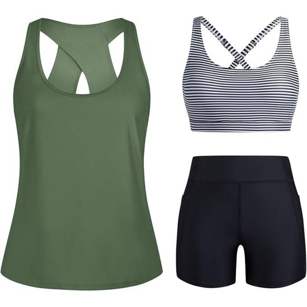 HUSKARY Women 3 Piece Tankini Swimsuit Olive Green Striped Top Shorts Set M New